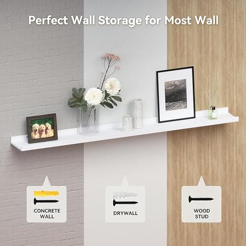 RICHER HOUSE 3-Set Floating Shelves with Lip, White Small Wall Shelf, 16In | Display Picture Ledge Shelf, Anti-drop lip Shelf for Room Wall Decor, Bedroom Bathroom Storage Nursery Books, Easy Setup,Wood thumbnail 4