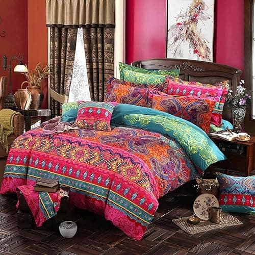 Boho Queen Duvet Cover, 100% Microfiber Ethnic Bohemian Colorful Bedding Set for Men Women, Yellow Orange Modern Geo Bohemian Print Duvet Cover, with Zipper Closure Luxury Soft Durable (Queen, 3pcs) thumbnail 2