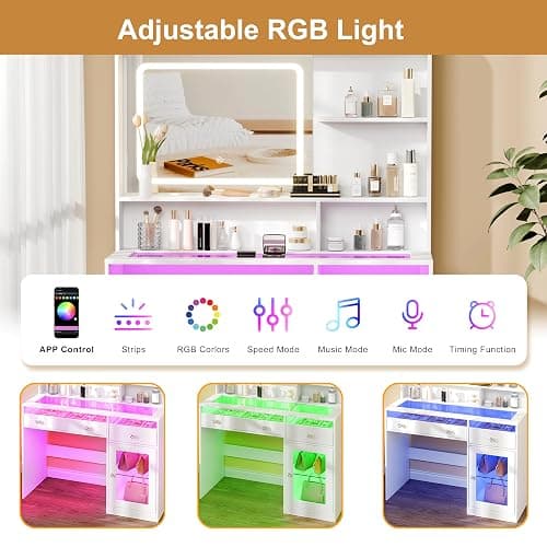 Korfile Vanity Desk, Makeup Vanity Desk with Mirror and Lights 3 Colors, Transparent Top with 2 RGB Drawers, 3 Shelves, 1 Large Tempered Cabinets, Power Outlet for Bedroom, White thumbnail 4