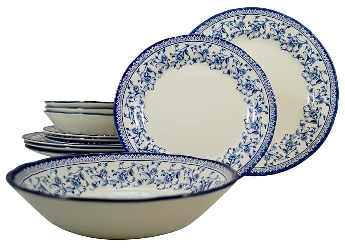 Tudor Royal 12-Piece Round Porcelain Dinnerware Set, Service for 4 - Aster BlueDesign, Multicolor Floral, Plates Bowls Mugs Dishes, Premium Quality Tableware, Unique Pattern, Glossy - Image 1