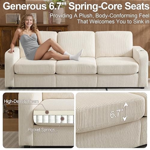 Abbrevi 87.4" Oversized 3 Seater Couch,Upholstered Sofa for Living Room,Modern Deep Seat Comfy Loveseat Couches with Cup Holders, Love Seat Sofa Corduroy (Beige) thumbnail 4