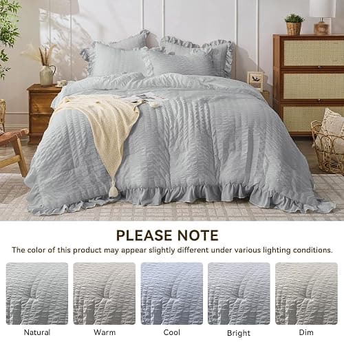 JOLLYVOGUE Light Grey Comforter Full Size, 3 Pieces Seersucker Lightweight Full Size Bedding, All Season Fluffy Microfiber Bedding Comforter Set with 1 Ruffle Comforter and 2 Ruffle Pillowshams thumbnail 9