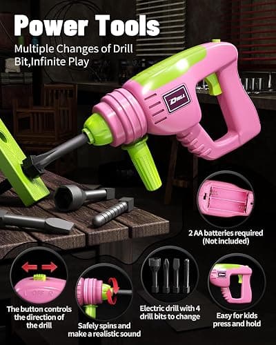 Deejoy Tool Set with Tool Box & Electronic Toy Drill, Pretend Play Kids Construction Kits for Kids Ages 3-5 Years Old, Toddler Tool Set(Pink) thumbnail 4
