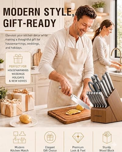 Astercook Knife Set, 15 Piece German Steel Kitchen Knife Set with Built-in Sharpener, One-Piece Knife Block Set Rust-Resistant Dishwasher Safe Block Knives Set for Cooking & Gift (Walnut Brown) thumbnail 8