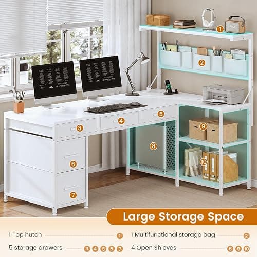 SEDETA Corner Computer Desk, Reversible L Shaped Computer Desk with Fabric Drawers and Power Outlet, 47.2” Gaming Desk with LED Lights, Storage Shelves and Hutch, White thumbnail 7