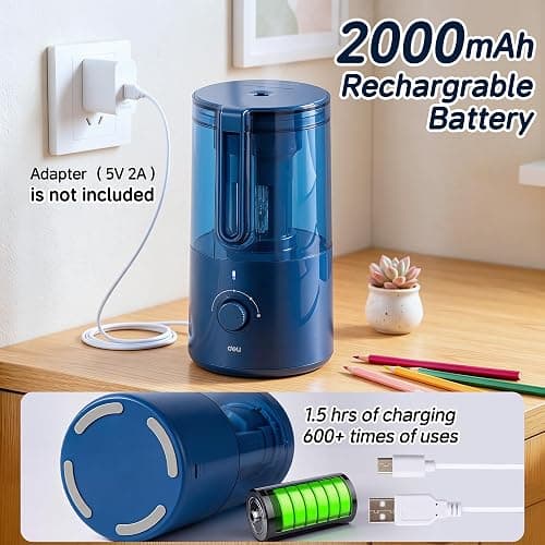 Deli Electric Pencil Sharpener, Fully Automatic Pencil Sharpener for 6.9-8mm No.2 & Colored Pencils, Auto in & Out, Rechargeable Hands-Free Sharpener for Classroom, Home, Office, Blue thumbnail 6