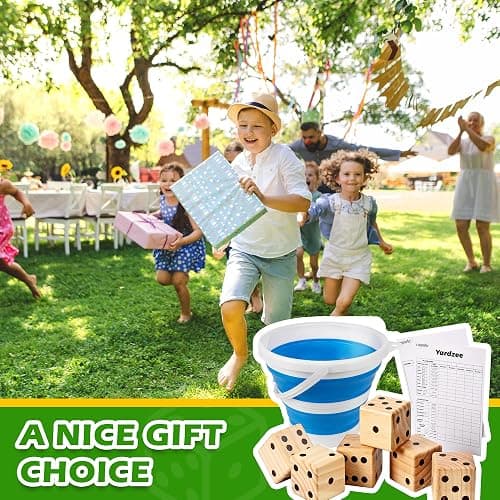 ropoda 3.5" Giant Wooden Yard Dice Set for Outdoor Fun, Barbeque, Party Events, Backyard Games, Lawn Games Includes 6 Dice, Collapsible Bucket, Score Cards & Dry Erase Marker thumbnail 7