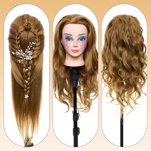 28" Mannequin Head Human Hair - 80% Real Hair Mannequin Head for Makeup Practice, Cosmetology Manikin Doll Head for Hair Styling, Hairdressing Training Head for Braiding #27 thumbnail 6