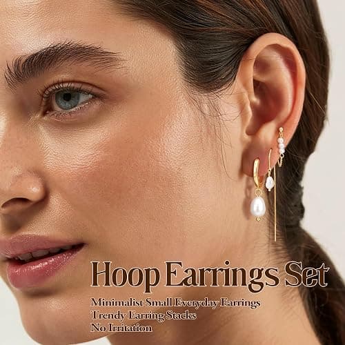 Turandoss Pearl Earrings Set for Women Trendy Dainty Pearl Dangle Hoop Earrings Mismatched Threader & Stud Earrings Stack 14K Gold Plated Jewelry Multiple Piercings thumbnail 2