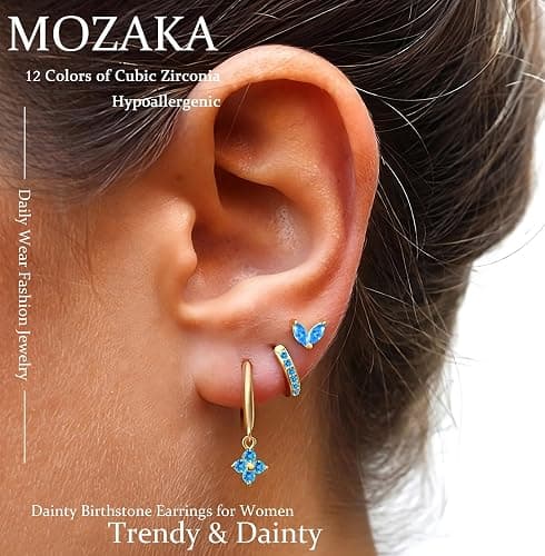 MOZAKA 3 Pairs Dainty Gold/Silver Three Hole Birthstone Earrings Set for Multiple Piercing Non Tarnish 14k Gold Plated Hypoallergenic Cartilage Small Hoop Stud Earrings Stacks Set for Women Birthday Gifts thumbnail 3