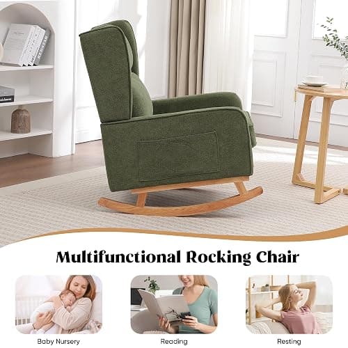 HCHAIRH Nursery Rocking Chairs, Rocking Chair Nursery for Mom Nursery Rocker with High Backrest and Solid Wood Legs, Modern Wingback Accent Rocking Chair for Reading Living Room Bedroom Green thumbnail 8