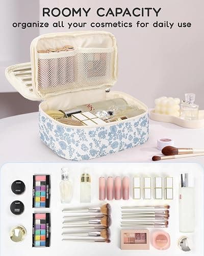 Relavel Travel Makeup Bag, Small Floral Cosmetic Bag with Makeup Brush Compartment, Portable Makeup Pouch for Women, Double Layer Makeup Organizer Bag Cute Toiletry Bag thumbnail 7