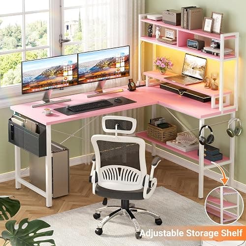 Aheaplus L Shaped Gaming Desk with Power Outlets & LED Lights, Small L- Shaped Desk Computer Corner Desk with Monitor Stand & Storage Shelf, Home Office Desk Writing Desk with Storage Bag, Pink thumbnail 2