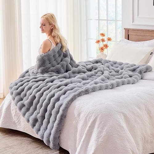 BENVWE Fluffy Faux Fur Throw Blanket for Couch, Soft Plush Thick Cozy Fuzzy Luxury Minky Bubble Blanket for Home Living Room Decor Gift for Women, Light Grey, 51" x 63", 1100GSM thumbnail 7
