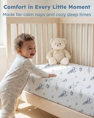 FIEMOL Baby Crib Sheets for Boys and Girls, Toddler Bed Sheets Fitted for 52”x28” Standard Crib and Toddler Mattresses, 4 Pack Soft Stretchy Microfiber Blue Space Astronaut thumbnail 2