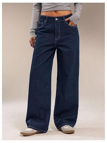 OYOANGLE Women's Striped Wide Leg Jeans Casual Pinstripe Denim Baggy Low-Rise 90s Trendy Pants with Pocket thumbnail 5