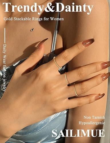 sailimue Gold Stackable Rings for Women Non Tarnish - 14K Gold Plated Waterproof Thin Band Ring Set - 1mm Minimalist Stainless Steel Silver Stacking Dainty Trendy Statement Thumb Rings Size 5-11 thumbnail 4