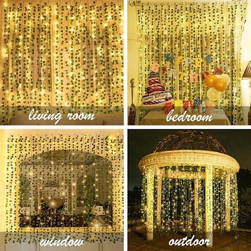 KASZOO 12 Pack Artificial Ivy Leaf Plants with 240 LED Window Curtain String Lights, Fake Plants Vine Hanging Garland, Hanging for Wall Party Wedding Room Home Kitchen Indoor & Outdoor Decoration thumbnail 5