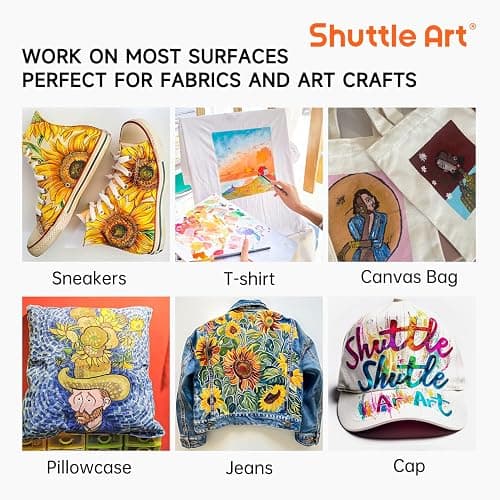 Shuttle Art Textilfarbe waschmaschinenfest, 18 waschfeste Stoffmalfarben (je 60ml) in Flaschen mit Pinseln, Vorlagen, wasserfeste Stofffarben für Kinder auf T-Shirt, Schuhe, Jeans, Tasche, Kleidung thumbnail 7