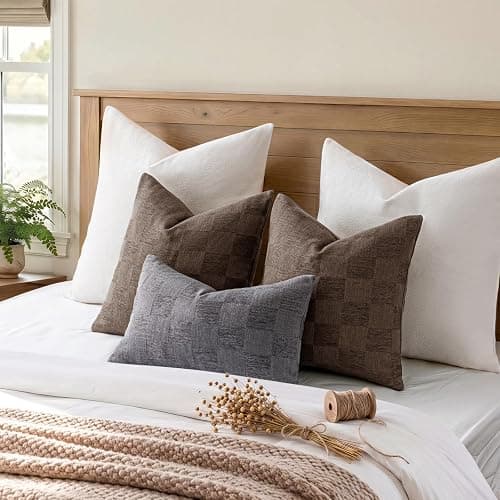 a moment Set of 2 Decorative Linen Throw Pillow Covers,Large Grid Textured Neutral Boho Farmhouse Cushion Covers,Soft Aesthetic Pillowcases for Couch Sofa Living Room Home Decor,20x12 Inch,Dark Brown thumbnail 9