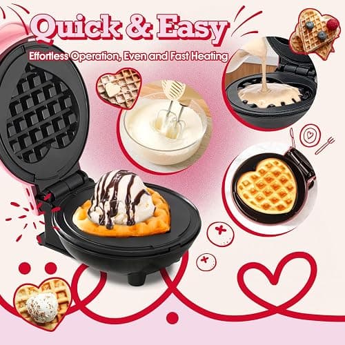 GVAKMM Mini Waffle Maker(Heart),Small Waffle Maker Keto,Mini Wafflera Iron for Kids Family and Individuals,4'' Non Stick Cooking Plates with Fast & Even Heating(Pink) thumbnail 4