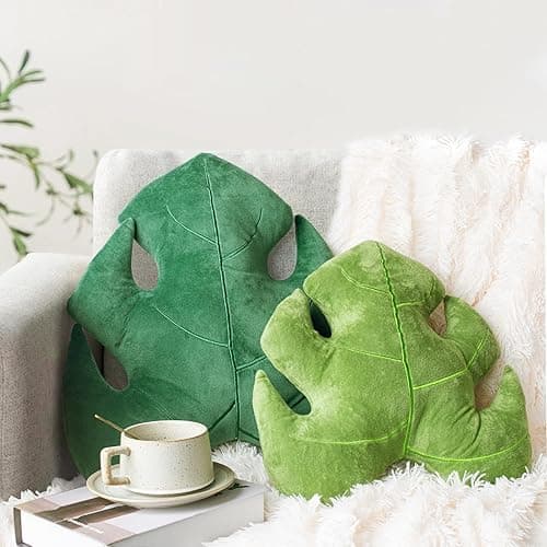 AELS Set of 2 3D Leaves Decorative Throw Pillows, 18"& 14" Monstera Deliciosa Plush Pillow Set for Plant Lovers Garden Lovers, Living Room Bedroom Nursery Decor, Light Green & Dark Green - Light Green & Dark Green