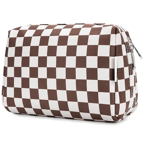 Narwey Checkered Makeup Bag Travel Cosmetic Bag Organizer Toiletry Bag Make Up Bags with Compartments for Women Girls (Large, Dark Checkerboard) - Image 1