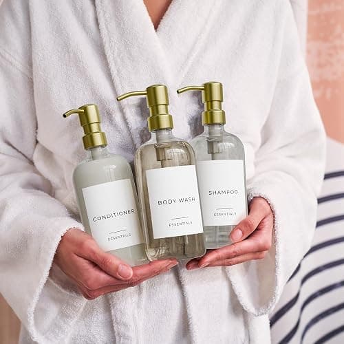 Stylish Shampoo and Conditioner Dispenser Set of 3 - Modern 21oz Shower Soap Bottles with Pump and Labels - Easy to Refill Body Wash Dispensers for an Instant Bathroom Decor Upgrade Clear thumbnail 7
