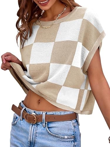Saodimallsu Womens Cap Sleeve Crop Tops Summer Color Block Going Out Crew Neck Knit Trendy Casual Sweater thumbnail 3