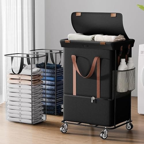 150L Rolling Laundry Basket with Wheels and 2 Removable Bags, Double Laundry Hamper with Lid, 2 Section Large Capacity for Laundry Bedroom Bathroom Dorm, Easy Move & Organize 19.7"x15.7"x31.9", Black - Image 1