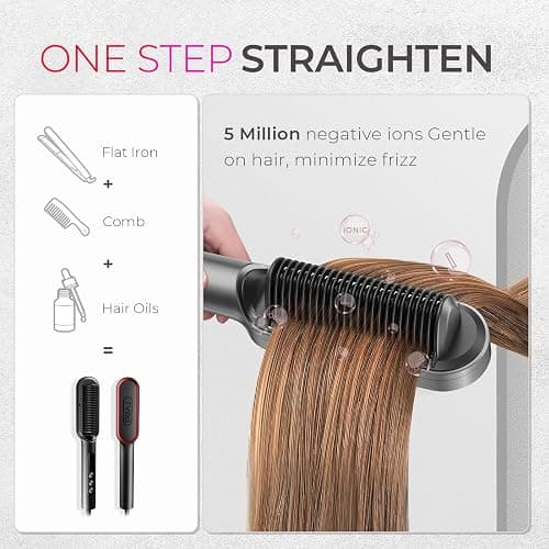 TYMO Ring Plus Hair Straightener Brush, Ionic Straightening Comb, 9 Temps | Straightening Brush with Negative Ions for Women, Titanium Coating, LED Display, Dual Voltage, Black thumbnail 2