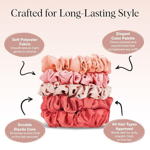 Kitsch Satin Scrunchies for Women - No Crease Hair Ties for Girls | Scrunchies For All Hair Types and Textures, Perfect for Day or Night | Ideal Gifts for Women - Assorted Cherry Blossom, 5pcs thumbnail 4