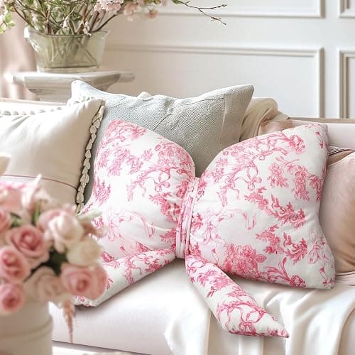 Colingmill Bow Shaped Throw Pillow 24 Inch Large Pink and White Chinoiserie Floral Pillow Decorative Coquette Love Shack Fancy Decor for Sofa Bed Couch Living Room thumbnail 6