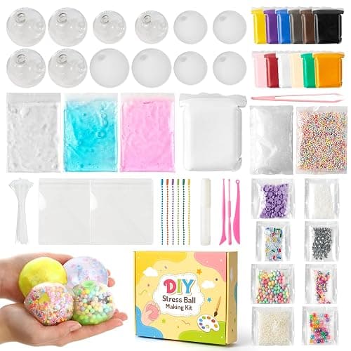 CJiangpo DIY Stress Ball Making Kit Squishy Maker Kit for Women Adults | 12 Blank Stress Skins, 12 Fillers, 12 Color Clay, Storage Box, ASMR Sensory Stress Relief Toy, Make Pressure Ball Gift - Image 1
