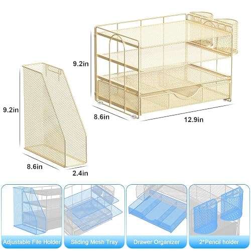 gianotter Desk Organizers and Accessories with File Holder, 4-Tier Desk Accessories & Workspace Organizers with Drawer and 2 Pen Holder, Paper Organizer for Office Supplies(Gold) thumbnail 3