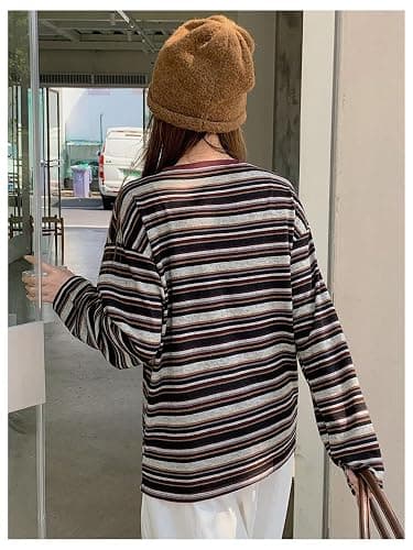 RoseSeek Women's Trendy Striped Long Sleeve T Shirts Casual Color Block Crew Neck Drop Shoulder Streetwear 2025 Fall Tops thumbnail 3
