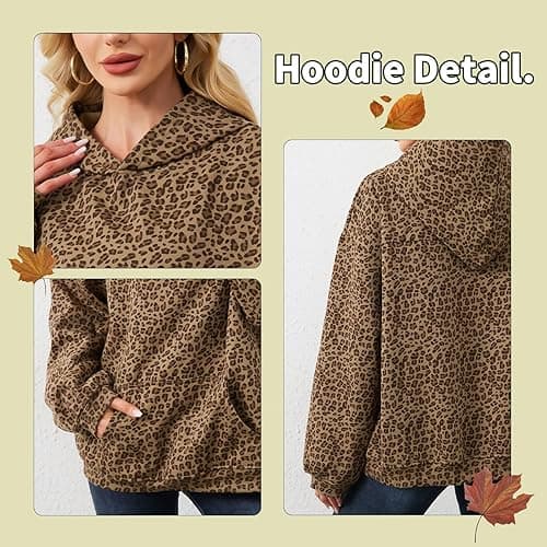Eutten Womens Camo Hoodies Maple Leaf Print Oversized Hooded Sweatshirt Fleece Pullover Sweatshirts Long Sleeve with Pocket - Small - Leopard Khaki thumbnail 7
