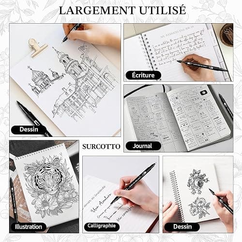 Surcotto Dual Brush Pen, 12 Feutres Noirs épais et fins,Double Pinceau Noir pour bullet journal, calligraphie, manga, croquis, livres de coloriage et lettrage à la main thumbnail 7