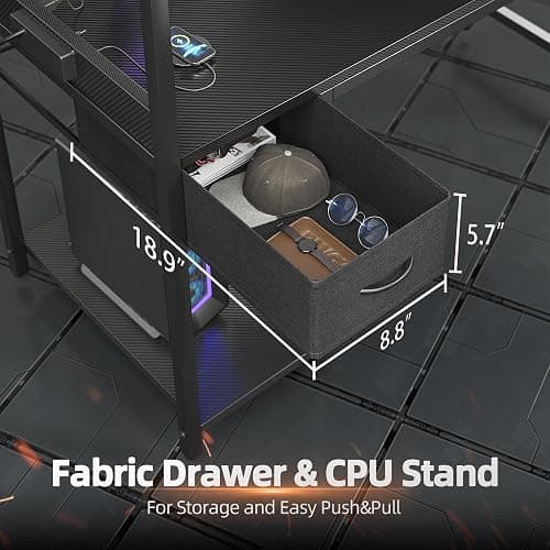 TIQLAB Gaming Desk 47 inch with Power Outlet and LED Light, Computer Desk with Reversible Shelves and Storage Drawer, Small PC Desk for Home Office Table with Bag, Carbon Fiber Black thumbnail 7
