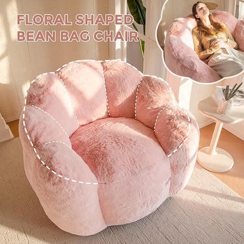 MAXYOYO Bean Bag Chair for Adults, Floral Shaped Bean Bag Sofa | Ultra Soft Faux Fur Floor Sofa, Large Reading Chair for Living Room Bedroom, Pink, Single thumbnail 6