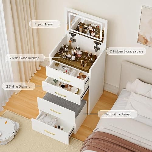 3 in 1 Vanity Desk with Plip Top Mirror and Lights,Compact Vanity Set with Visible Glass Desktop,Small Makeup Vanity Table with 3 Drawers,Cushioned Tool,3 Light Mode,Brightness Adjustable,White thumbnail 7