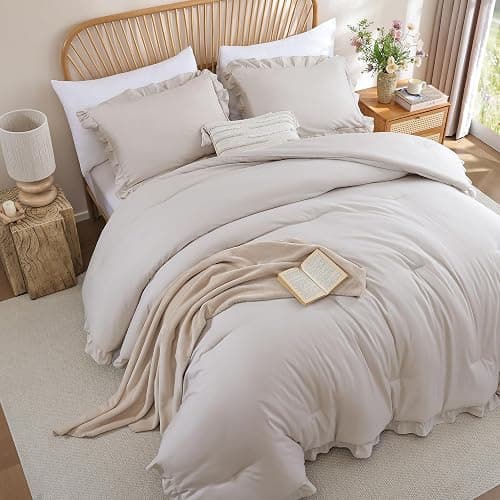JANZAA King Size Comforter Set Beige Ruffle Comforter 3PCS Soft Fluffy Boho Comforter Vintage Farmhouse Bed Set Shabby Chic Bedding with 2 Pillowcases for All Season thumbnail 6