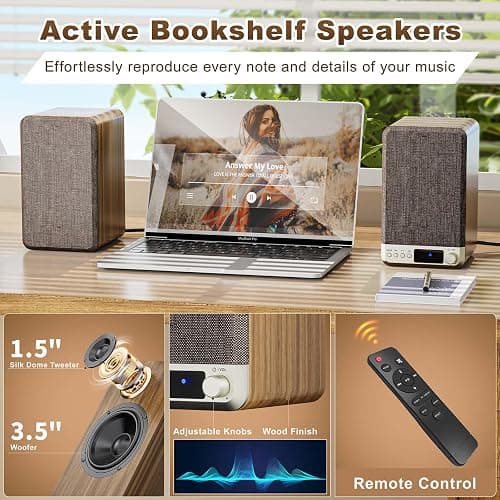 3.5" Computer Speakers for Desktop PC, Active Bookshelf Speakers Pair for Vinyl Record Player, Stereo Speakers with 3.5mm Aux RCA Input, BT 5.4, USB Powered for Turntable Laptop Gaming Monitor thumbnail 3