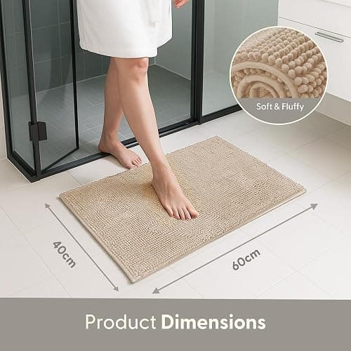 KEPLIN Non-Slip Microfibre Bath & Toilet Mat - Soft, Plush & Comfortable Rug with Machine Washable Design - Water Absorbent & Quick Drying to Keep Bathroom & Home Hygienic & Clean - (40x60cm) Beige thumbnail 2