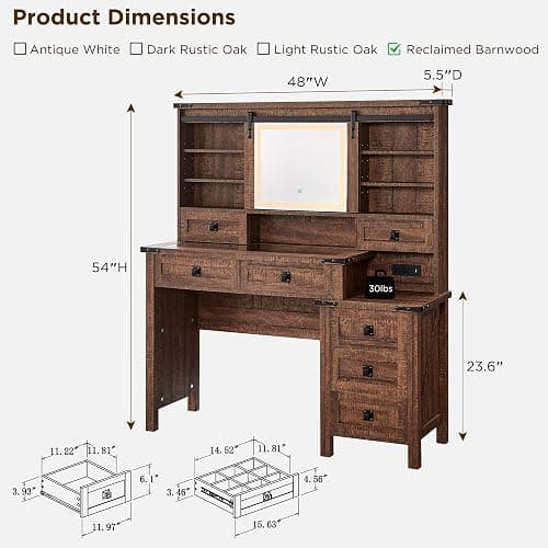 T4TREAM 48'' Farmhouse Makeup Vanity Desk with Sliding HD Mirror and Lights, Big Modern Lighted Vanity Table with 7 Drawers & Shelves, Rustic Large Dressing Table for Bedroom, Reclaimed Barnwood thumbnail 2