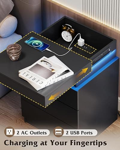 WLIVE Nightstand with Charging Station & Led Lights, Modern Bedside Table with 3 Drawers and Sliding Top, End Table with Hidden Space for Bedroom, Living Room, 26.8'' Height Night Stand, Black thumbnail 5