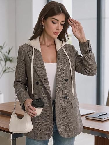 Mina Self 2026 Fall Women's Hooded Blazer Jacket Oversized Business Casual | Long,Double-Breasted,Full-Lined,Open Front,Long Sleeve, Lapel, Dressy Suits,Work Office Outfits With Pocket,Capsule Wardrobe thumbnail 2