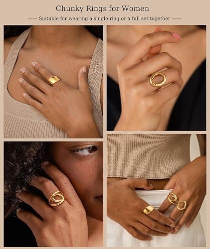 ZOERAY Chunky Gold Rings for Women Non Tarnish Trendy 14k Gold Plated Adjustable Signet Band Stackable Thumb Ring Set Open Twist Dome Statement Stacking Rings Jewelry Gifts for Women Size 5-10 thumbnail 6
