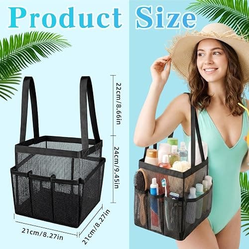 Mesh Shower Caddy, Portable Black Beach Tote Bag for Bathroom Dorm Essentials, Quick Dry Toiletry Organizer Large with 2 Handles 9 Pockets for Swim Pool Gym College Camp Travel Women Men Basket Bag thumbnail 3
