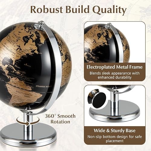 Toolsempire 8" World Globe, Black Earth Globe with Gold Accents, Metal Stand, Non-slip Base & Time Zone, Decorative Tabletop Desk Globes for Classroom, Office & Home thumbnail 6